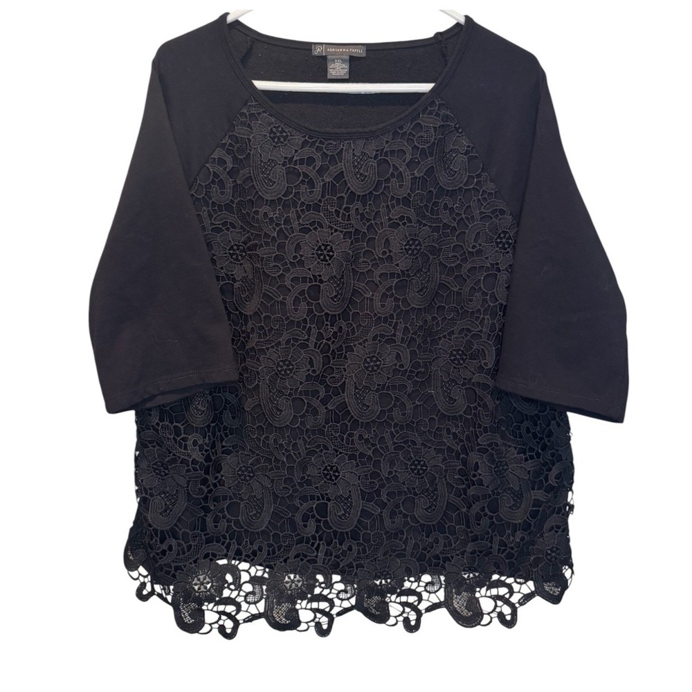 Adrianna Papell Women Black Lace Front Raglan 3/4 Sleeve Top XXL Whimsigoth